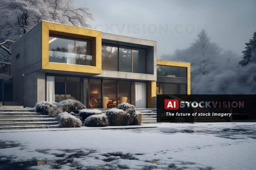 winter-wonderland-yellow-gray-concrete-house-amidst-snow