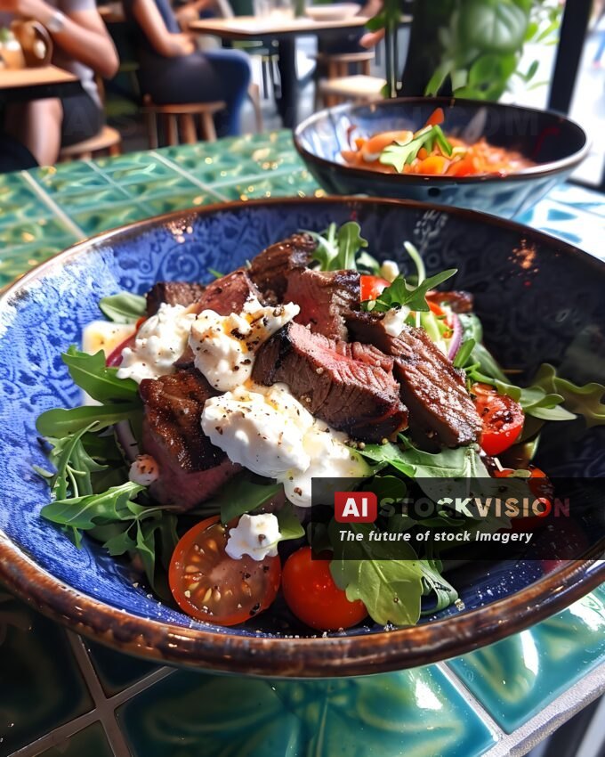 barcelona-bites-blue-bowl-salad-grilled-beef-burrata-in-cozy-cafe-with-green-tiles